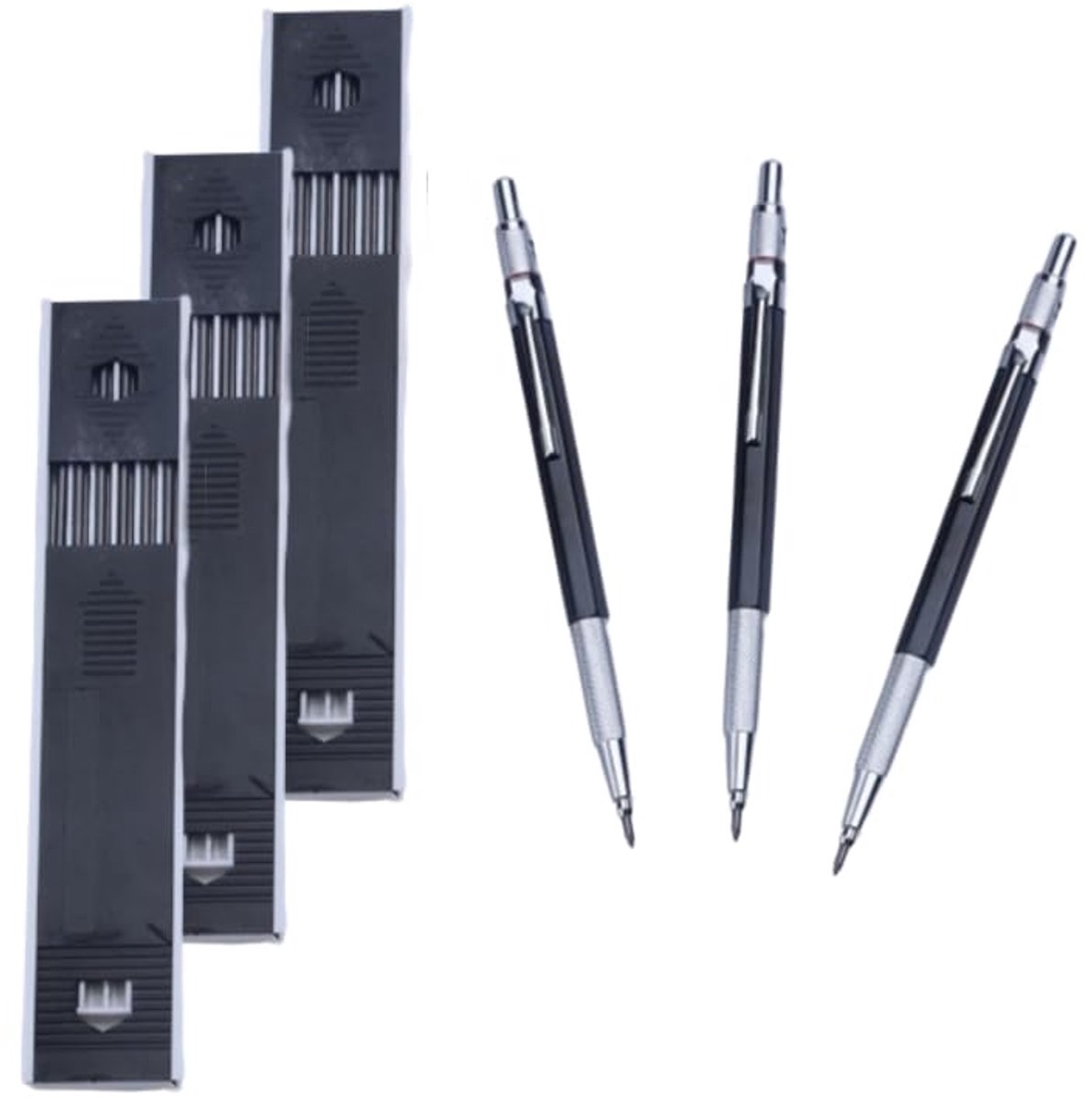 Dailygoods - Set van 3 Metalen Mechanische Potloden voor Kunstenaars - Zwart