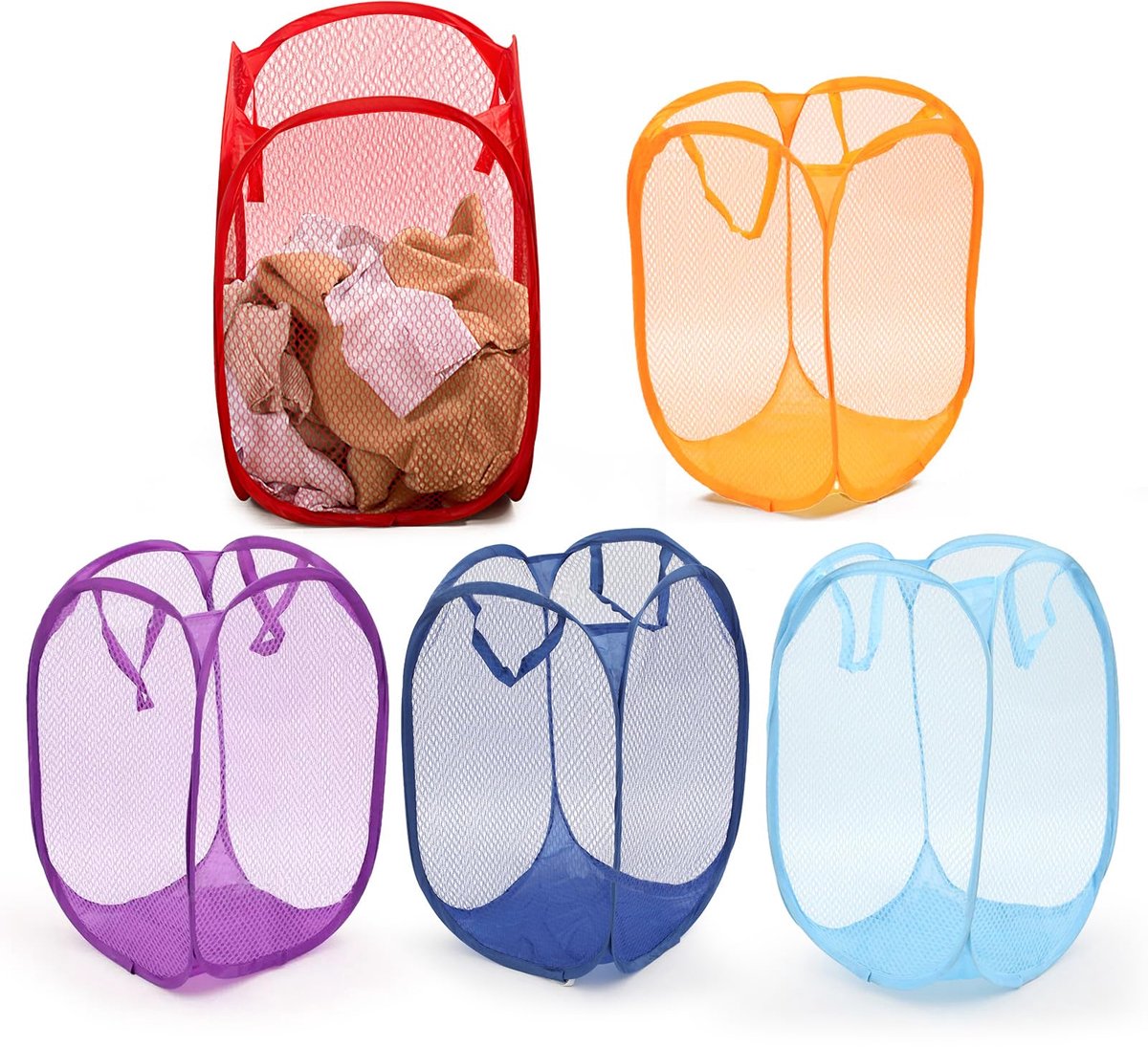 SnelShoppen - 5 Stuks Opvouwbare Wasmanden Pop-Up in Blauw, Geel, Rood, Paars en Groen - Mesh Opbergmand voor Kleding en Speelgoed - 50 x 30 x 30 cm