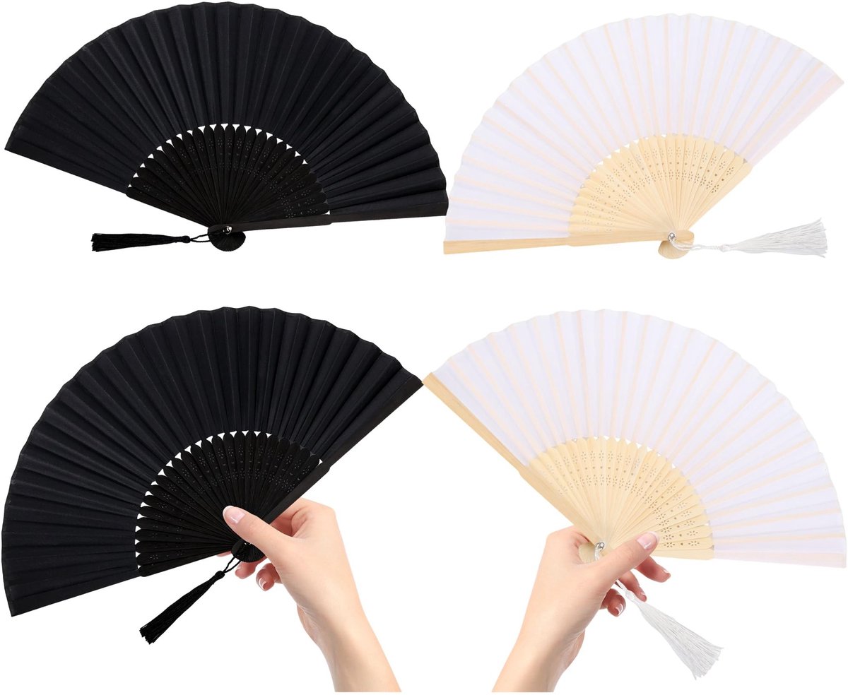 Dailygoods- Handwaaier Set van 4 - Opvouwbaar - Draagbaar - Zwart/Wit - Elegant met Kwasten - Perfect voor Dans en Yoga - Vouwfan