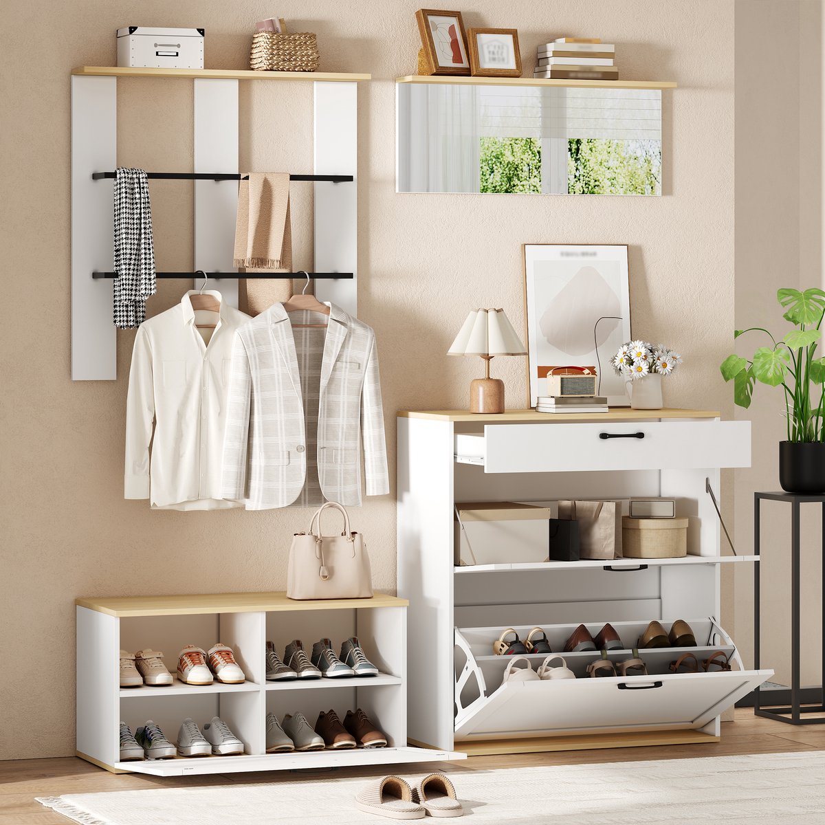 Kledingkastset - kast - lade - spiegel - multifunctionele kledingkast - schoenenkast met schoenenbank - naar wens te combineren - geschikt voor hal - woonkamer - wit + houttinten - 156x36x176cm