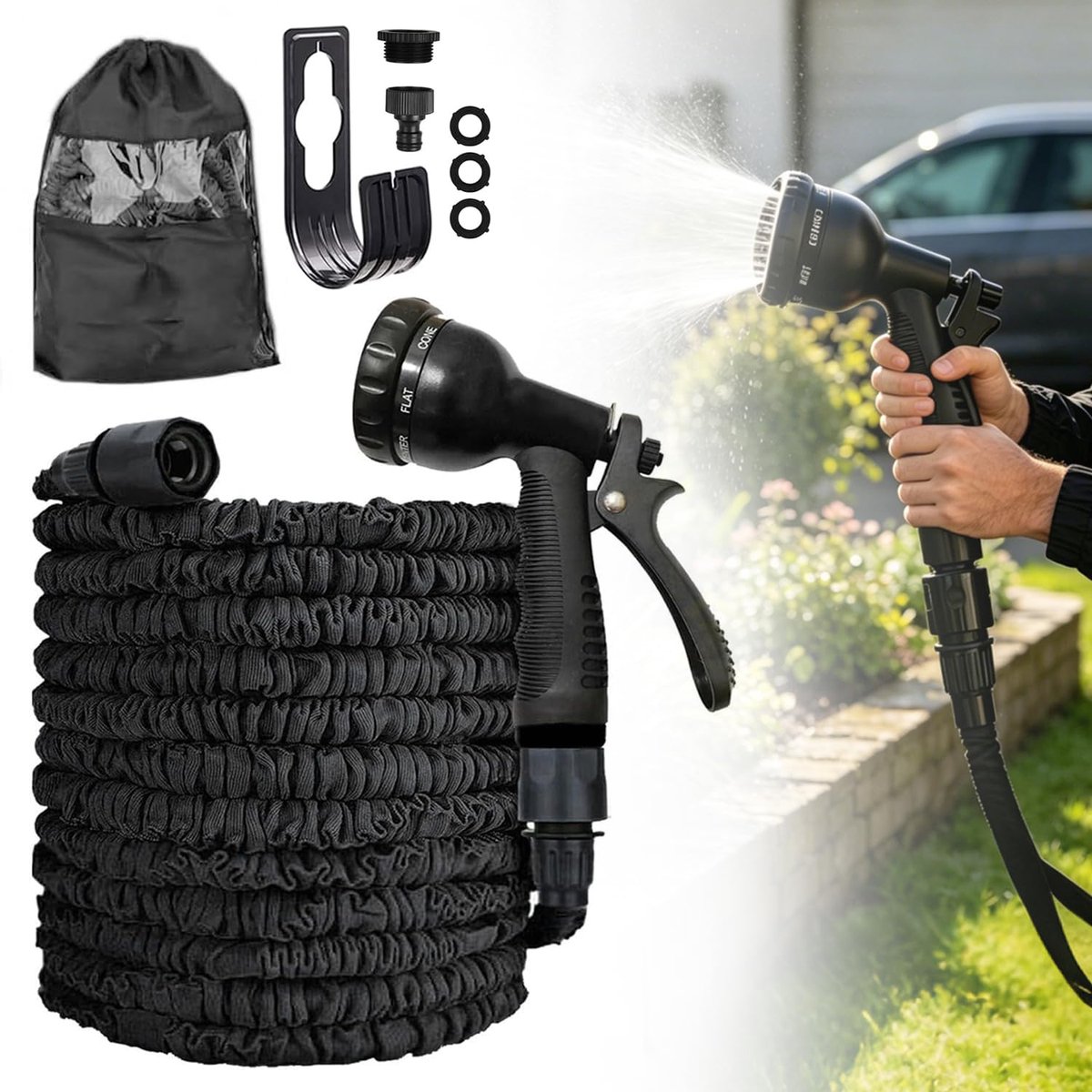 SnelShoppen - 15 M Rekbare Tuinslang - Flexibele Tuinslang met 8 Modi - Spuitpistool voor Tuin, Gazon en Irrigatie - Ideaal voor Buiten en Camping