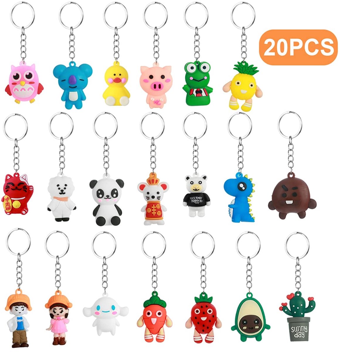 Dailygoods- Dierensleutelhanger set van 20 stuks - Siliconen sleutelhangers - Sleutelhanger ringen - Decoratie voor kinderen - Veilig en niet giftig - Afmetingen 4-7 cm