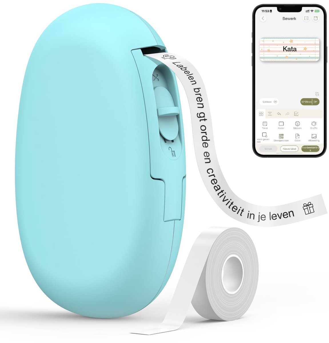 SnelShoppen - SUPVAN E10 Label Printer met Bluetooth, Thermische Labelmaker, 1 rol Etiketten, 40+ Lettertypen, 150+ Sjablonen, 700+ Pictogrammen, Cyaa