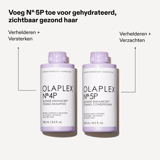 Twee flessen Olaplex No.4P Blonde Enhancer Toning Shampoo en No.5P Blonde Enhancer Toning Conditioner in pastel paars met witte letters.