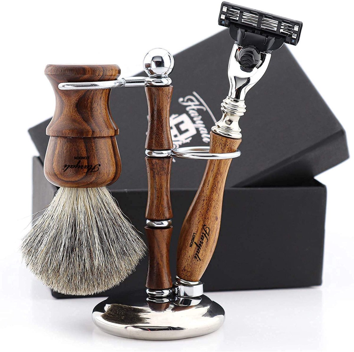 SnelShoppen - Scheerset 3-delig met Houten Handgreep, Dassenhaar Scheerkwast, Scheermes en Scheerstandaard voor Nat Scheren - Cadeauset voor Mannen