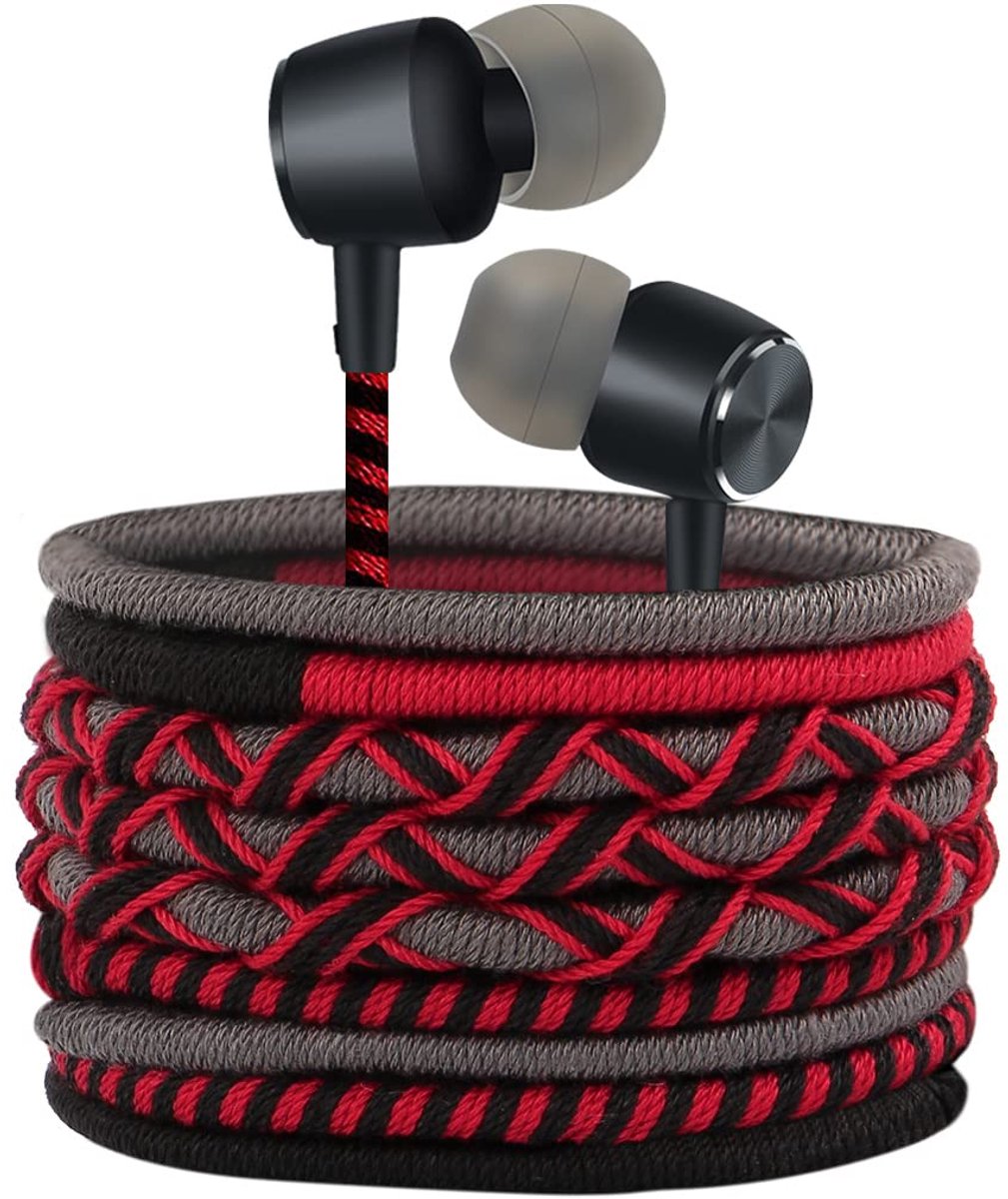 SnelShoppen - Gevlochten hoofdtelefoon met kabel, bekabeld, in-ear, met microfoon en volumeregeling, krachtig basgeluid, compatibel met 3,5 mm apparat
