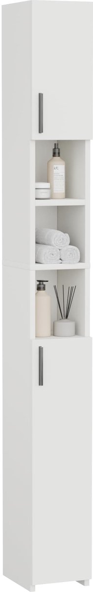 SnelShoppen - Smalle Badkamerkast met 2 Deuren, Wit, Compact, Modern Design, Ideaal voor Kleine Ruimtes, Opbergkast voor Badkamer, Keuken of Toilet