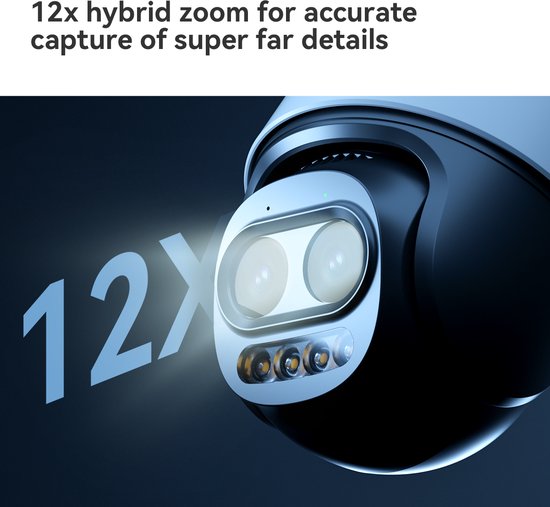 Close-up van de Imou Cruiser Z camera met twee lenzen en vier infraroodlampen, met "12x" erop.