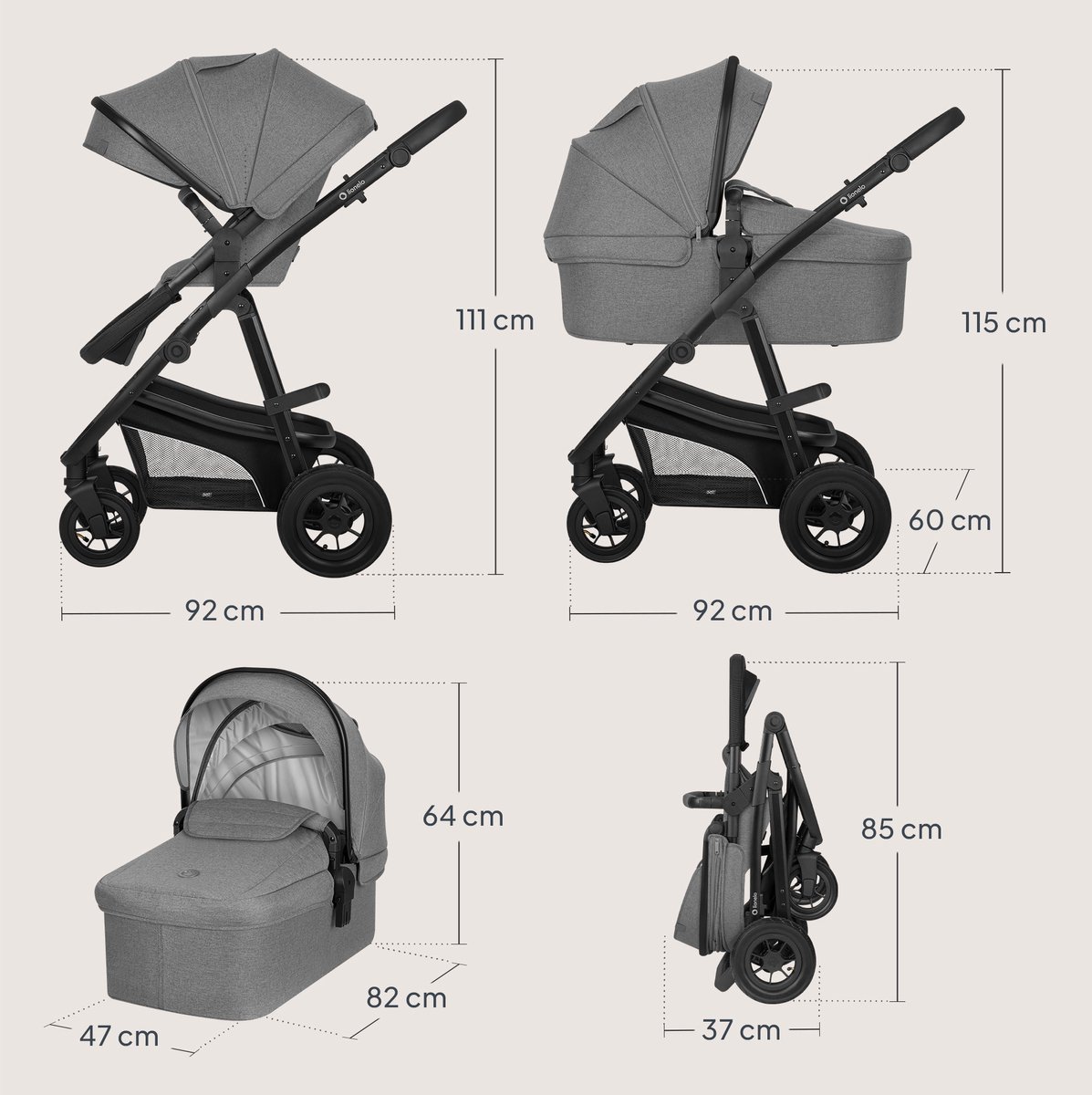 Lionelo Bianka Kinderwagen 3 in 1 – Reiswieg, Wandelwagen & Autostoel – Compact Opvouwbaar – Omkeerbare Zitting – Luchtbanden met Vering – XXL UPF50+ Capuchon – 0-22 kg – Complete Accessoireset - Astrid i-Size Lite Autostoel thumbnail 5