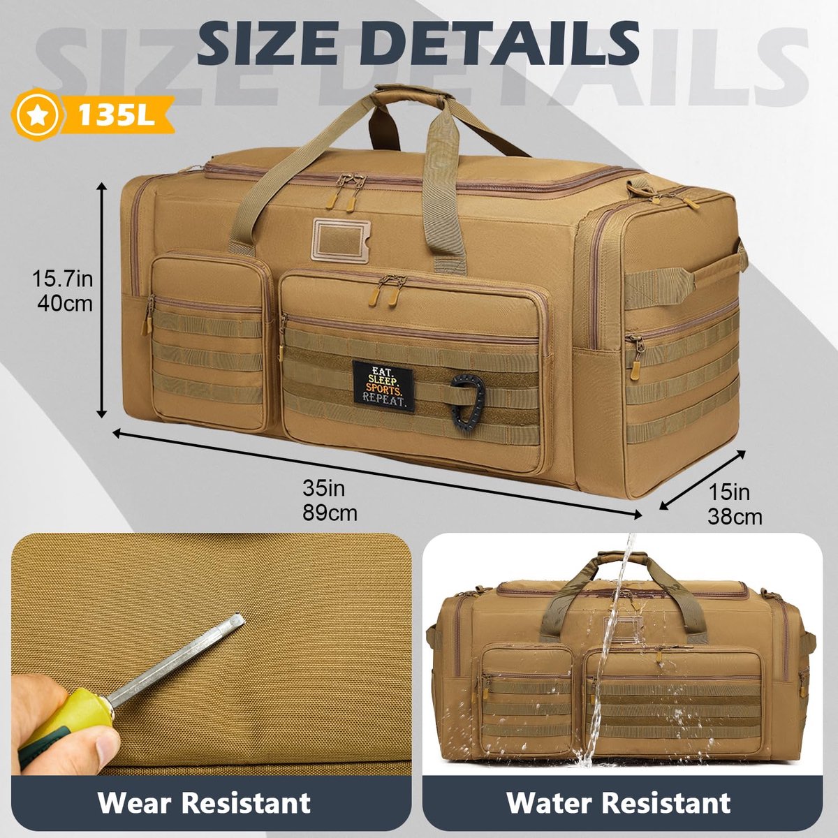 SnelShoppen - Grote Sporttas 130L - Opvouwbare Reistas voor Heren en Dames - Bruine Weekendtas voor Sport, Sauna, Camping en Reizen - Larga Sporttas