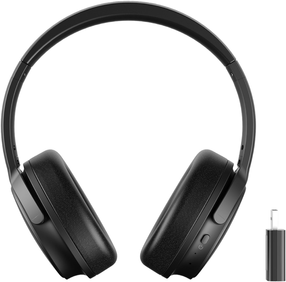 SnelShoppen - Draadloze TV-hoofdtelefoon 2,4 GHz met USB-ontvanger, 12 uur batterijduur, FM-radio, 3,5 mm jack-poort, draaibare oordopjes, zwart