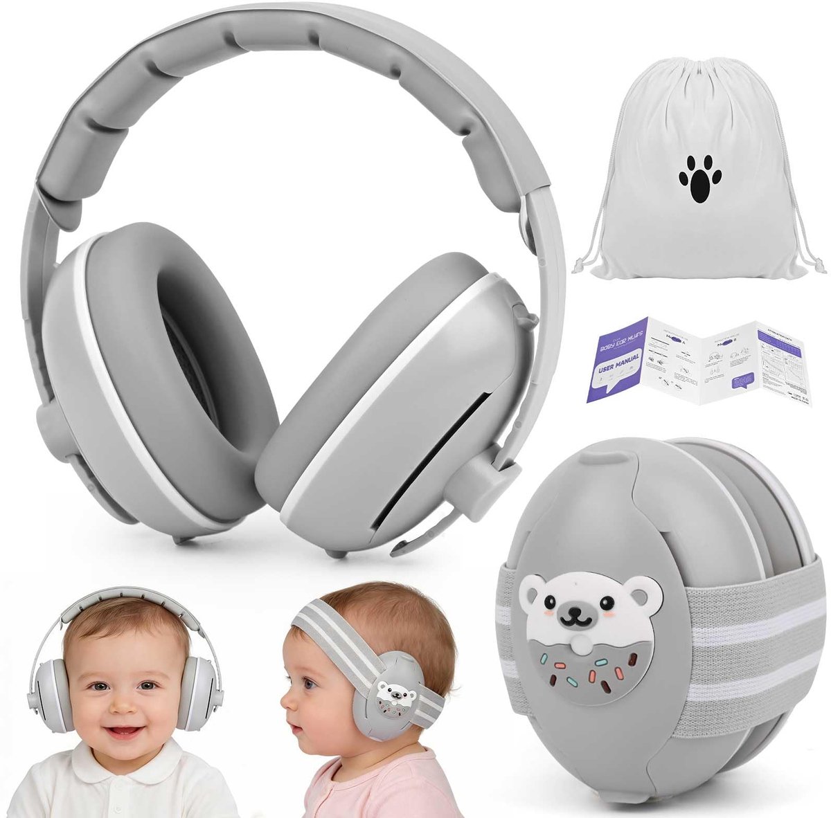 SnelShoppen - PUTINEI 2-in-1 Gehoorbescherming Babyhoofdtelefoon, Verstelbare Hoofdband, Geluidsbescherming voor Baby's tot 48 Maanden, Grijs, Ideaal