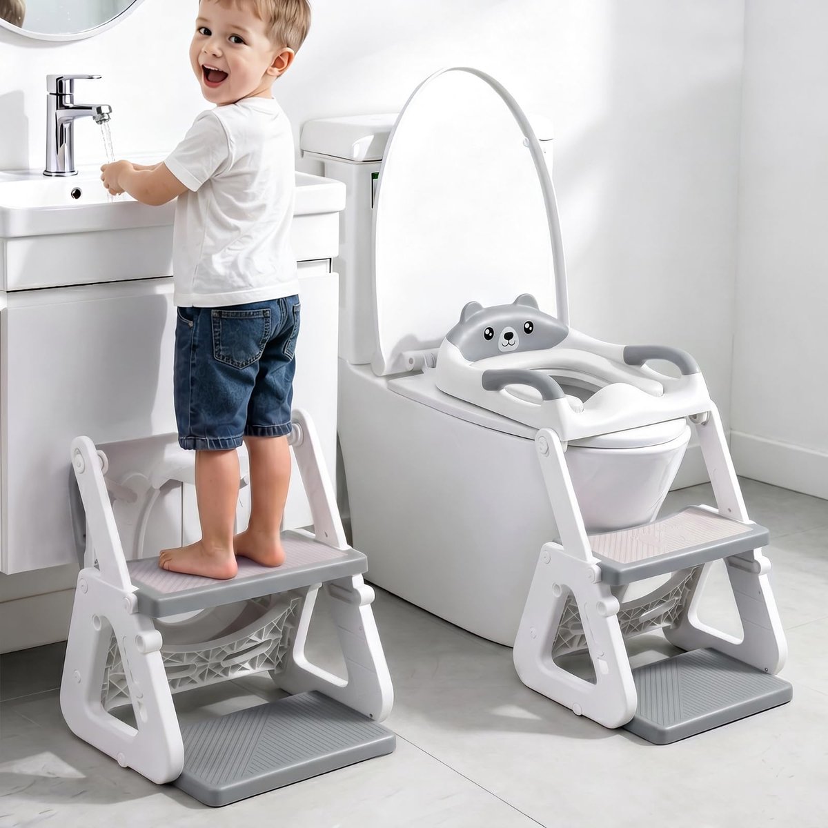 SnelShoppen - Verstelbare Kindertoiletbril met Trap, Stabiel Toiletzitje voor Kinderen, Spatbescherming, Waterdicht PVC Kussen, Anti-slip, Lichtgewich