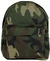 Rugzak met woodland camouflageprint in groen, bruin en zwart met een voorvak.