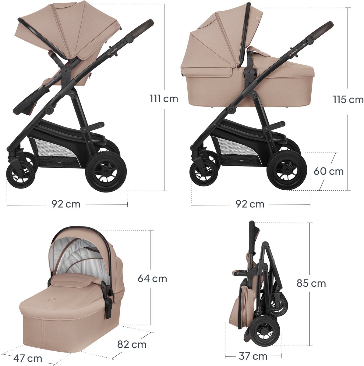 Lionelo Bianka Kinderwagen 3 in 1 - incl. Astrid i-Size Lite Autostoel - 0-22kg - XXL - Wandelwagen / Buggy 3in1 - Verstelbare duwstang - Opvouwbaar - Accessoireset - XXL UPF50+ zonnekap - Luchtbanden met vering - Reiswieg thumbnail 5