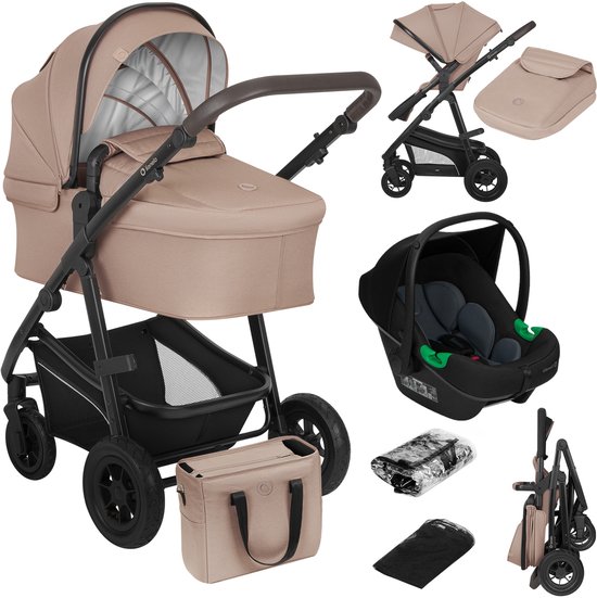 Beige 3-in-1 kinderwagen met reiswieg, autostoel, tas en vouwframe.
