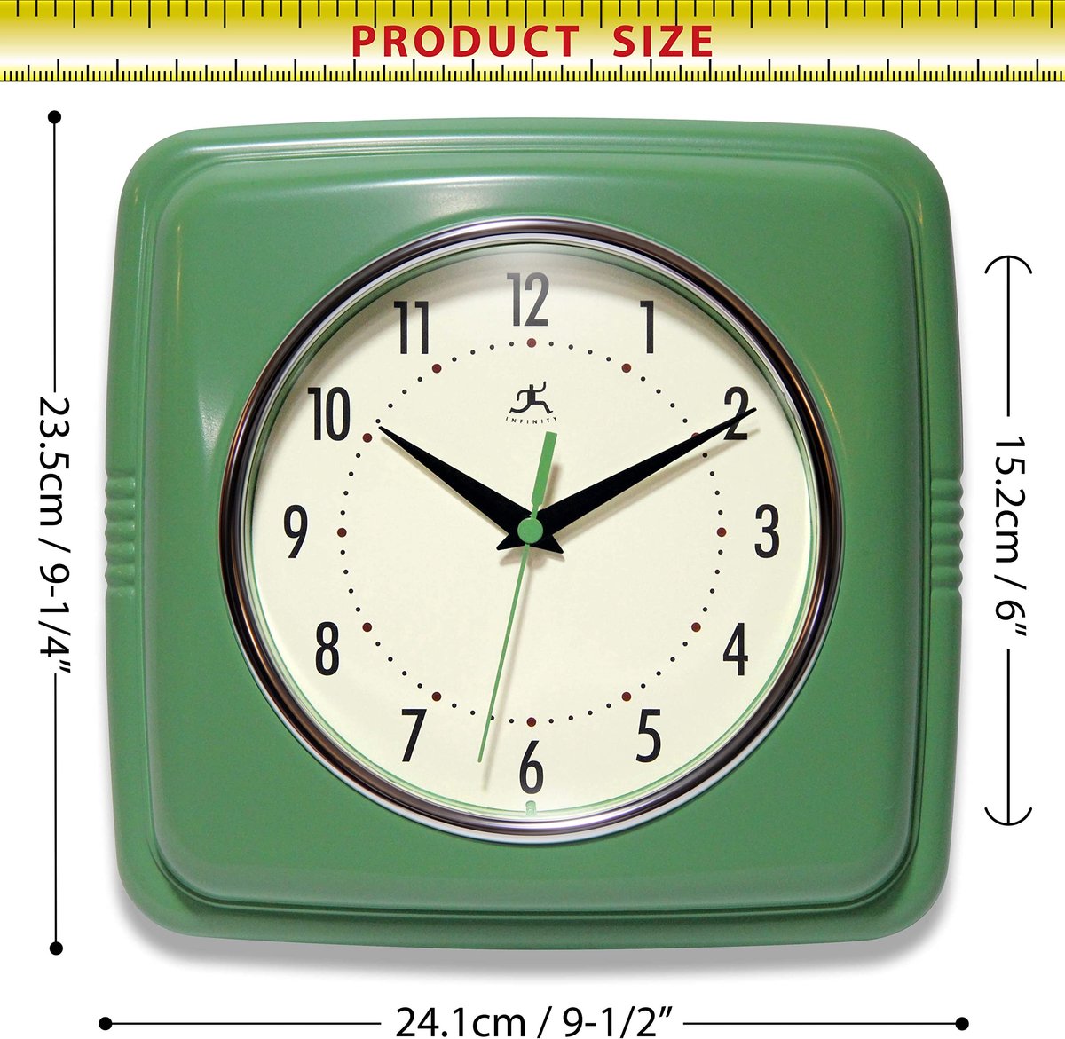 SnelShoppen - Retro Wandklok 9 Inch Groen - Stille Quartz Klok voor Keuken en Diner - Mid Century Moderne Stijl - Vierkant Design - Perfecte Decoratie