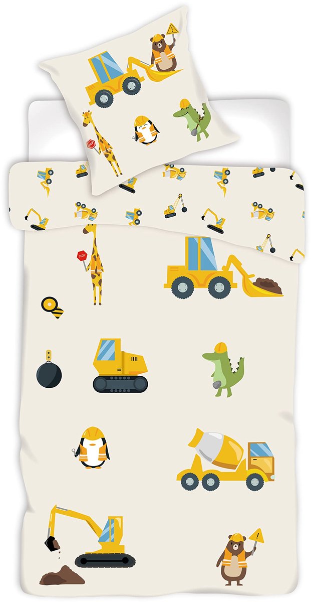 SnelShoppen - Bouwvoertuigen Kraan Dekbedovertrek 140x200 + Kussensloop Katoen voor Kinderen, Speelkamer, Jongens, Voertuigen, Bedtextiel, Comfortabel