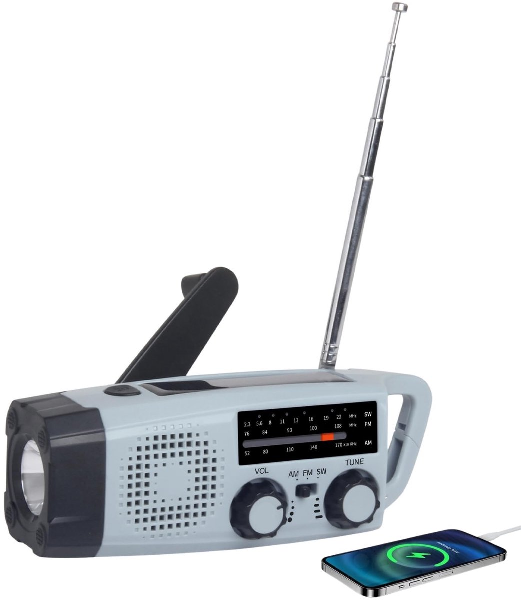 SnelShoppen - Draagbare Noodradio FM AM SW NOAA Solar Radio met Zwengel, LED Zaklamp, USB Telefoonlader en SOS-Alarmsysteem voor Camping, Avontuur en