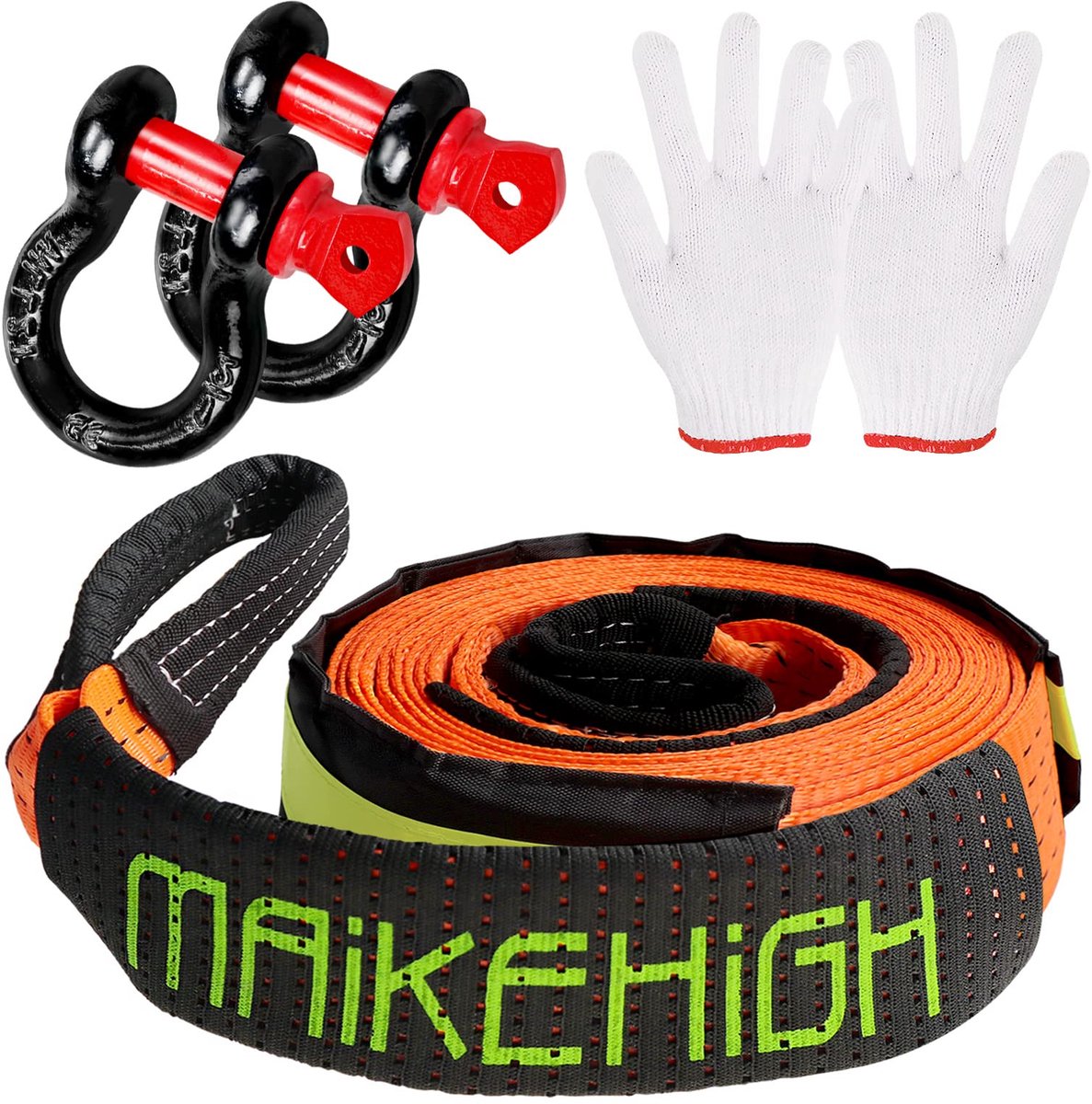 SnelShoppen - Tow Kabel 5M x 5cm, 10 Ton (22.000 lbs) Off-Road Herstelriem met 2 Antislip Handschoenen, 2 Versterkte Sluitingen (Oranje)