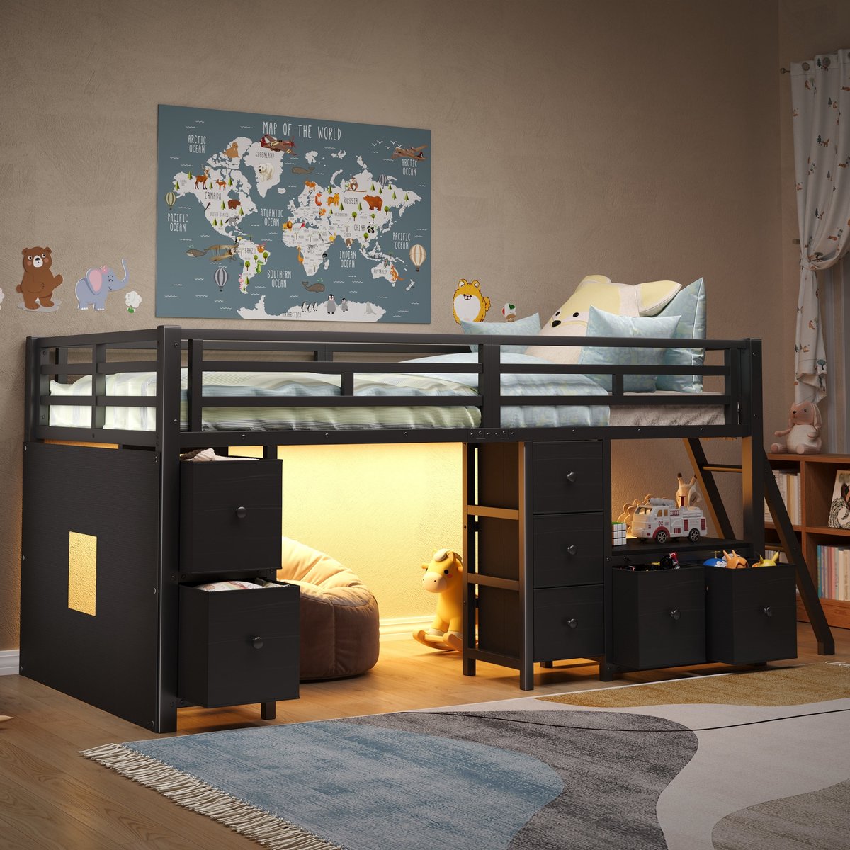 STILVORA Halfhoogslaper 90x200 cm – Met LED-Verlichting & 7 Lades – Met Open Boekenrek & Uitvalbeveiliging – Voor Kinderkamer – Metaal – Zwart – Zonder Matras