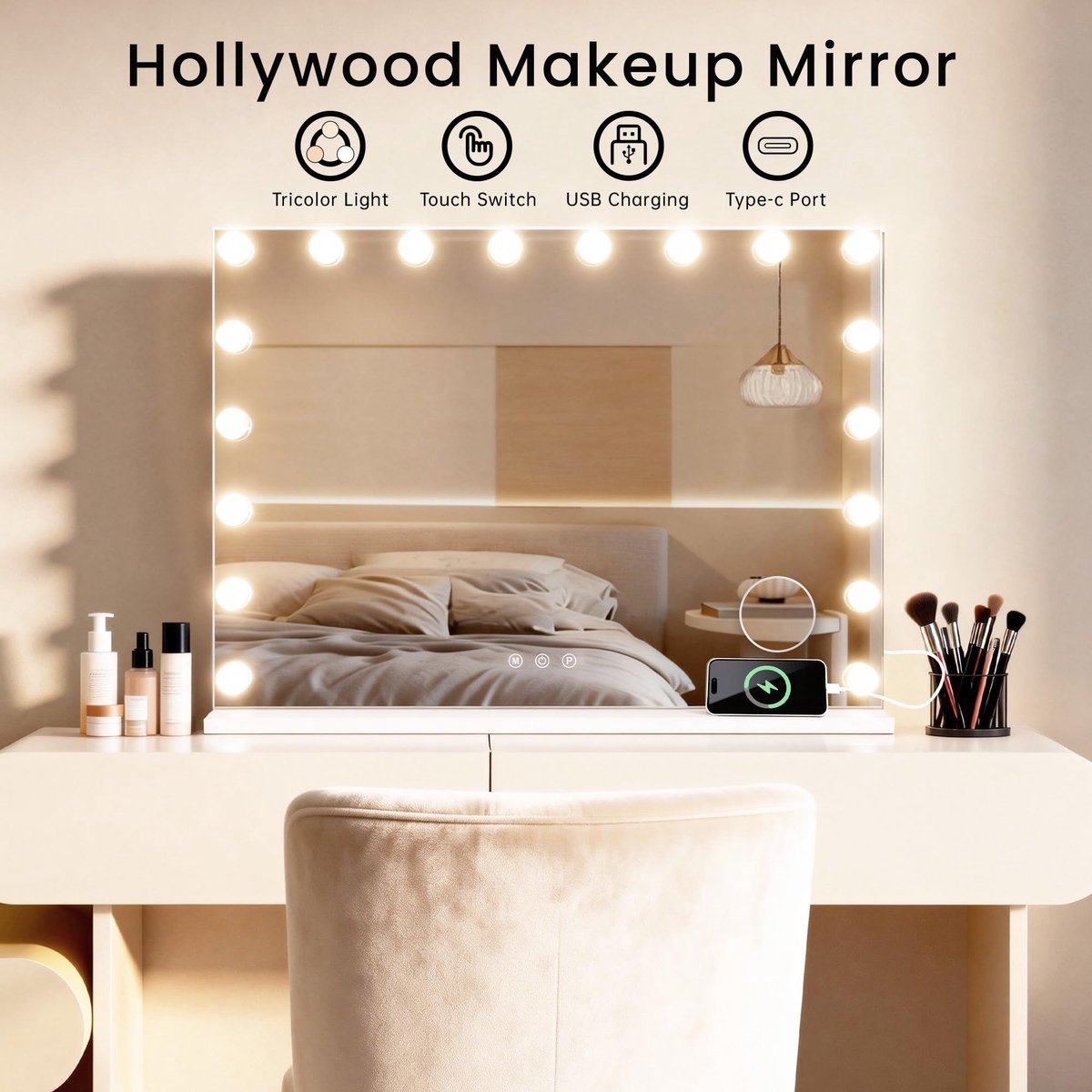 SnelShoppen - Hollywood Spiegel met Licht 80 x 60 cm - Grote Tafelspiegel met 18 LED Lampen, 3 Kleurmodi, USB/Type-C Oplaadfunctie, Wit - Perfect voor