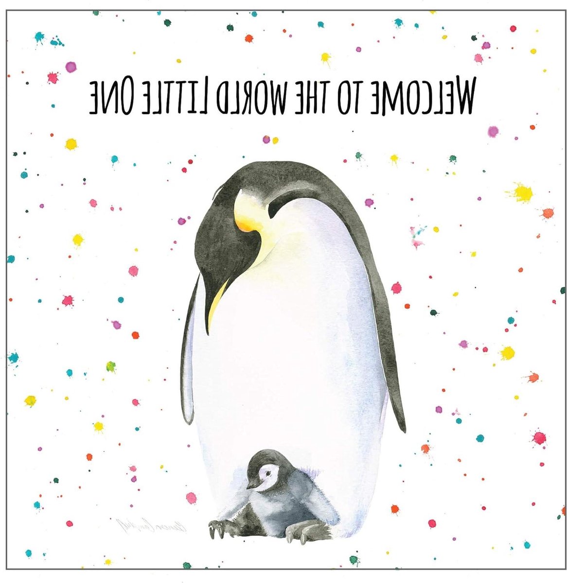 Wenskaart Pinguïn - Babykaart - Geboorte Vieren - Aquarel Illustratie - 15x15cm - Multicolor