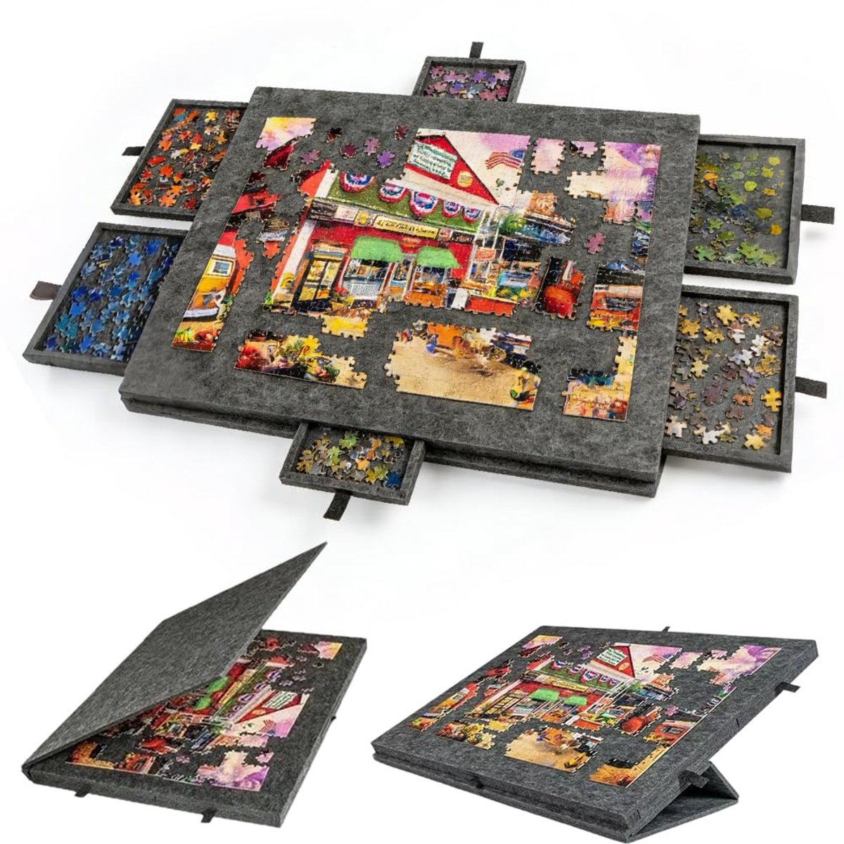 SnelShoppen - Occzin Puzzeltafel met 6 Laden - 2-in-1 Standaard en Afdekking - Zwart - Geschikt voor 1000 Stukjes Puzzels - Perfect voor Thuis, Hobby