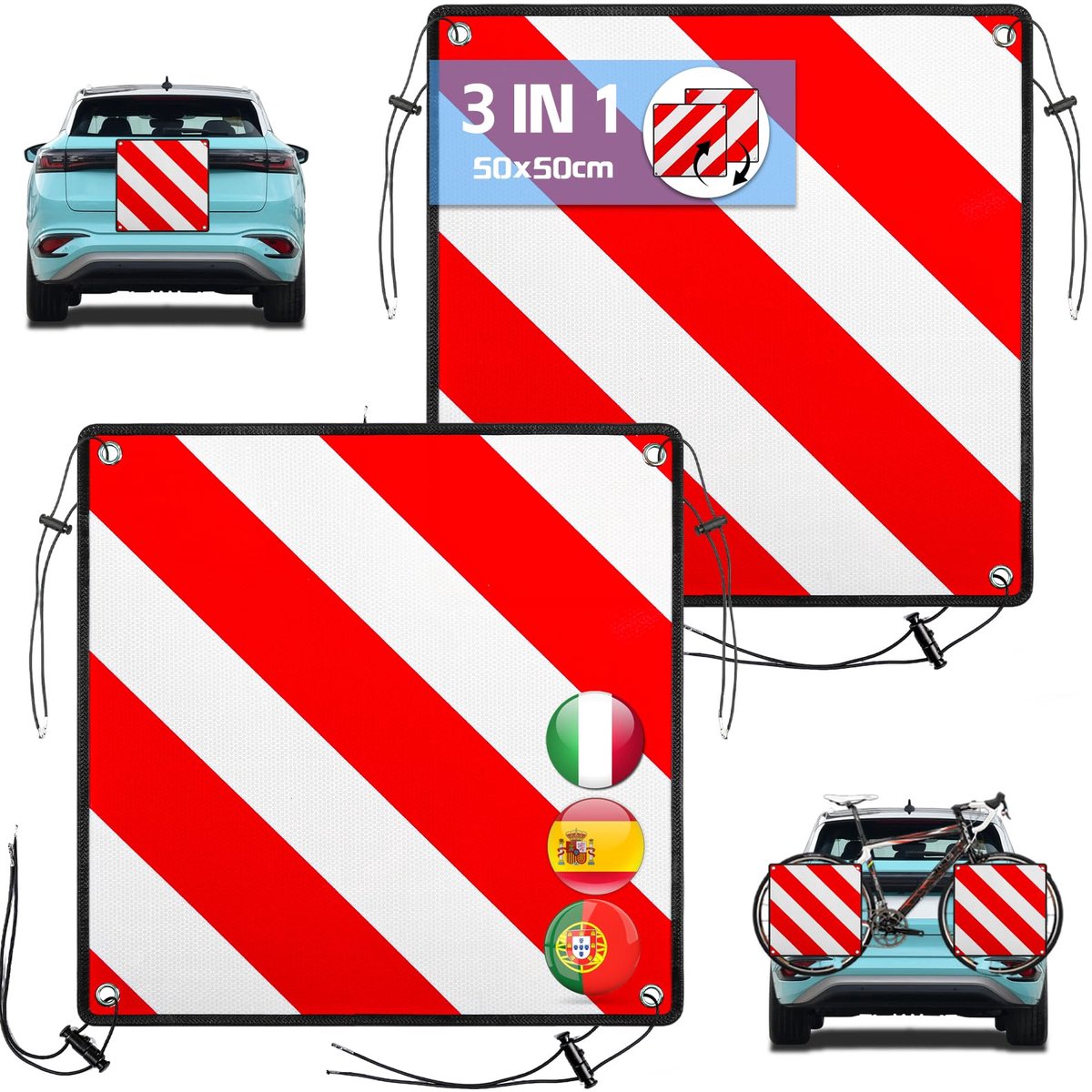 SnelShoppen - 2 stuks Reflecterend Waarschuwingsbord 50x50 cm voor Italië, Spanje en Portugal - 3-in-1 Aluminium Fietsendrager Borden met Spankabels e