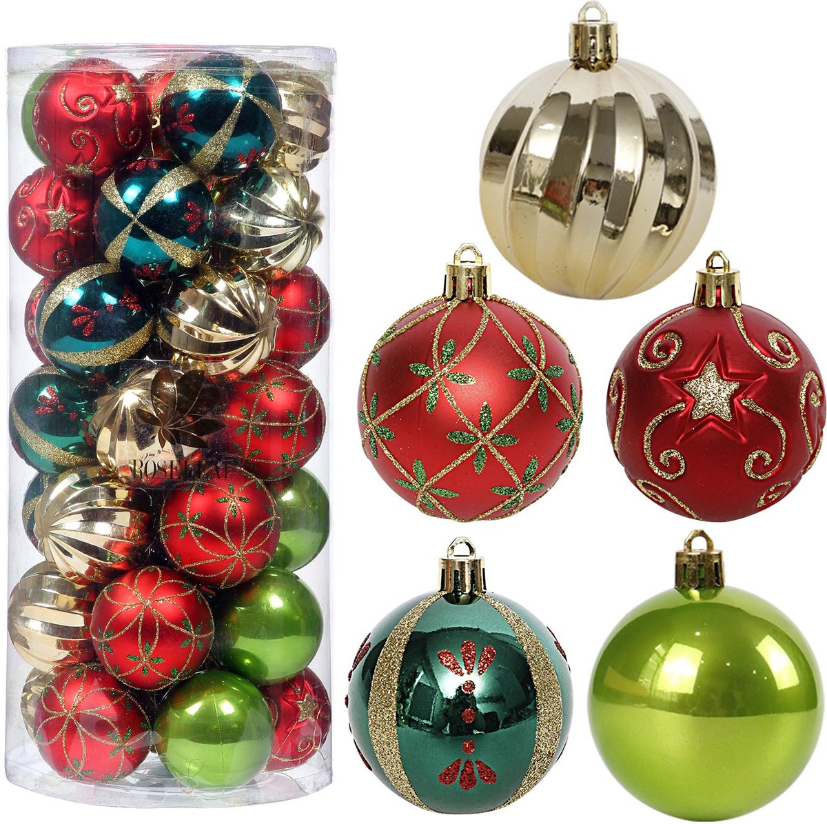 SnelShoppen - Kerstboomornamenten Set 30ct - Onbreekbare Kerstballen 6 cm Rood Groen Goud - Decoratie voor Feestdagen, Kerst Versiering, Hangende Orna
