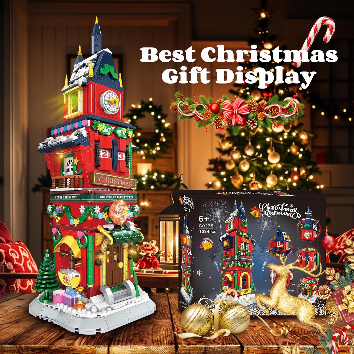 Kerst eiffeltoren bouwset - compatibel kerstdorp bouwset met LED-verlichting - afteltoren kerstfeest model cadeau-idee voor volwassenen en kinderen vanaf 6 jaar