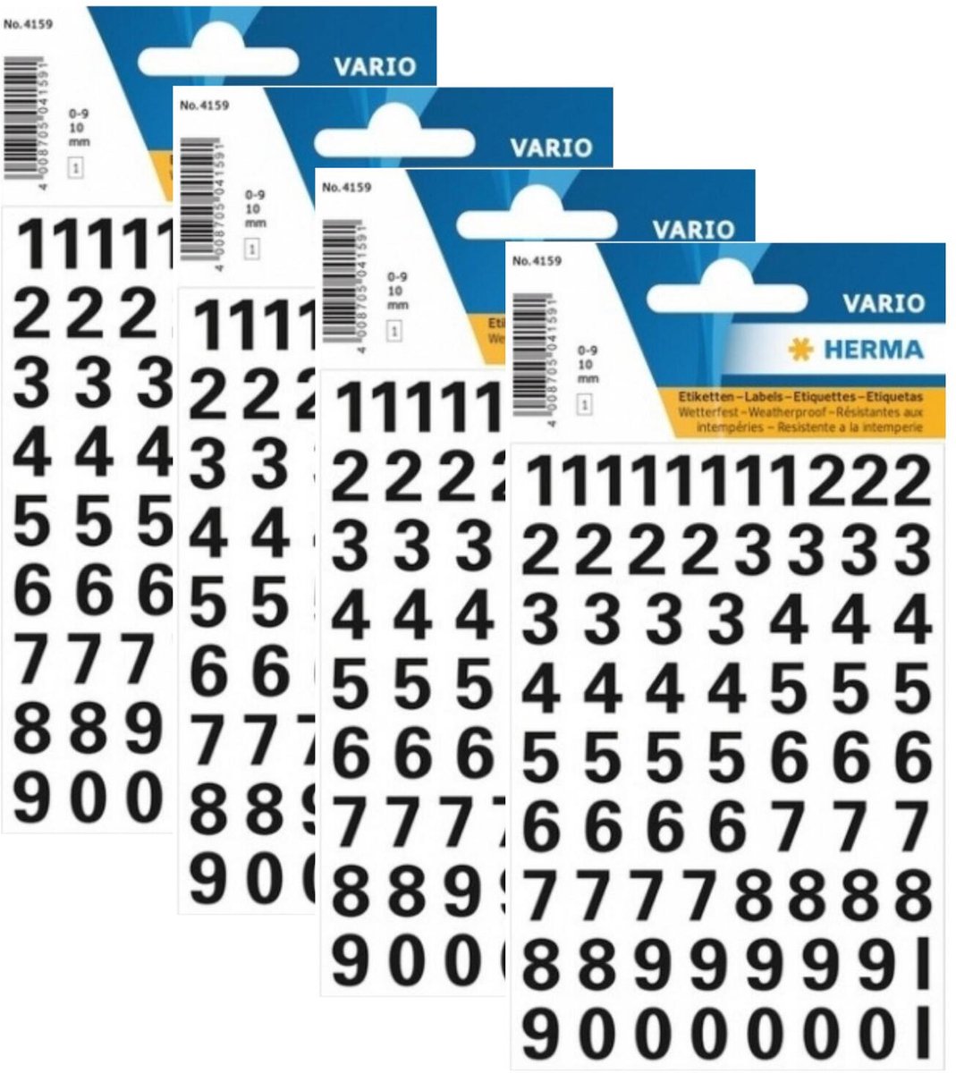 Herma Stickervel - cijfers / getallen - 0 t/m 9 - 4x vellen - zwart - 10 mm - watervast