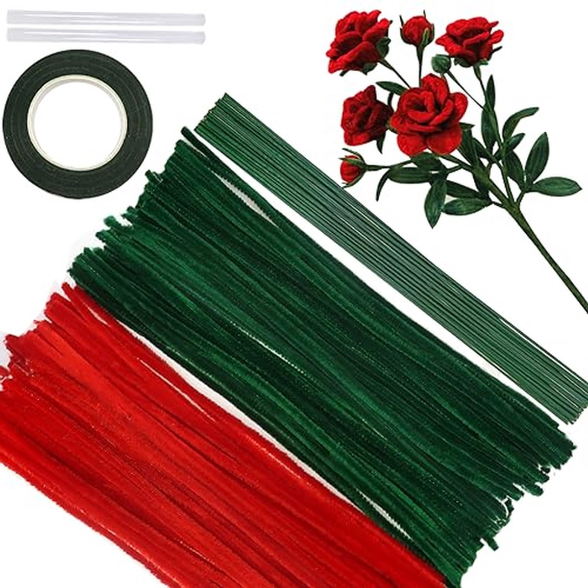 Bloemen Pijpenragers - Knutseldraad Bloemendecoratie - Bloemen Maken - Verwelken Niet - 300 mm Lengte - Rood en Groen