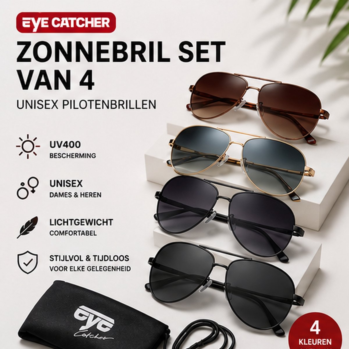 Eye Catcher – Zonnebril Set van 4 – Unisex Pilotenbrillen – Metalen Montuur – Inclusief Hoesjes en Koorden – 4 Kleuren