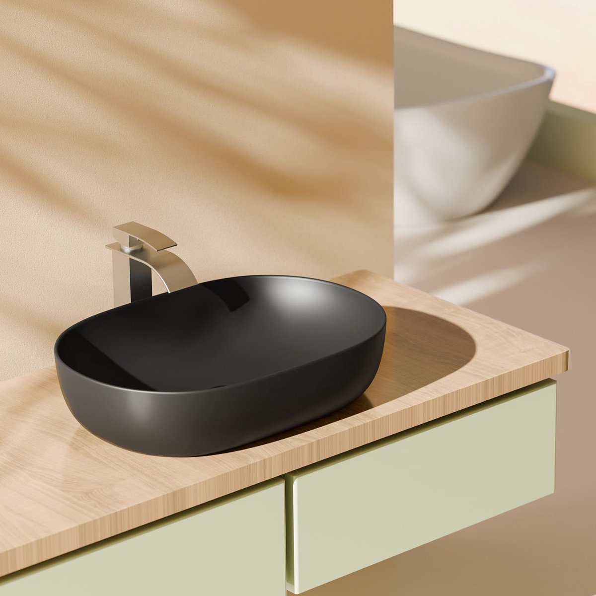 SnelShoppen - Ovale Wastafel 60x41x13 cm - Mat Zwart - Krasbestendig Keramiek - Eenvoudig te Installeren - Ideaal voor Badkamer en Gastentoilet