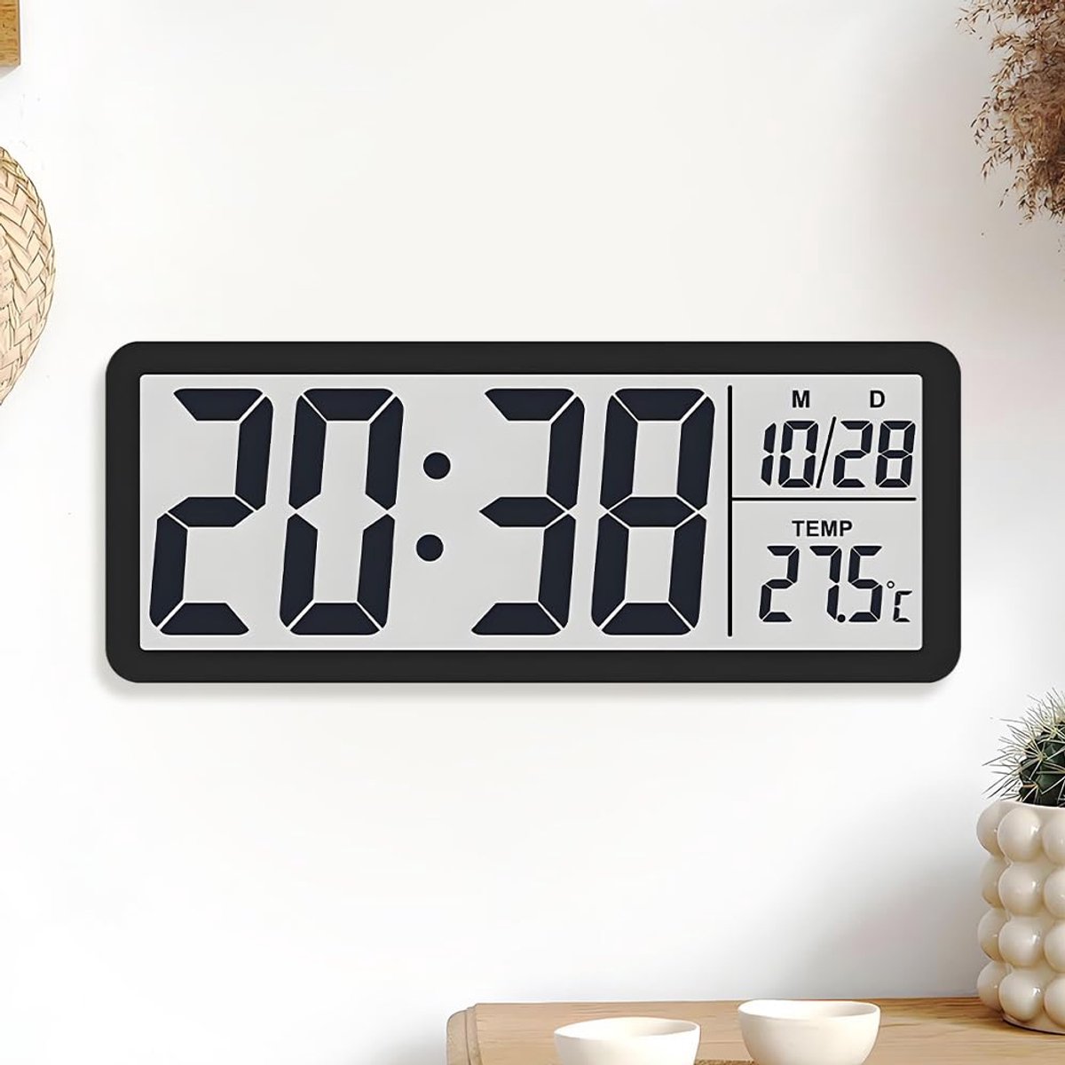 SnelShoppen - Digitale wandklok op batterijen met grote cijfers, temperatuur en datum, 12/24 uur, 20 cm, modern design voor woonkamer, slaapkamer, kan