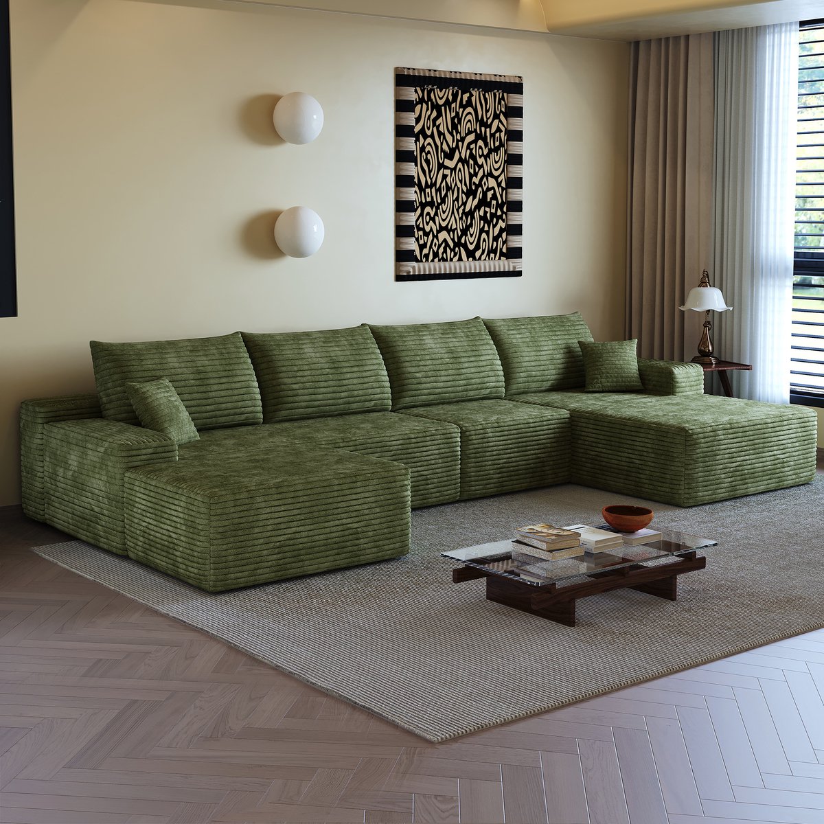 STILVORA Hoekbank 340 Cm - Modulaire Bank Met L-Vormige Chaise Longue En Diepe Zitting - Voor Woonkamer En Slaapkamer - Ribstof Groen