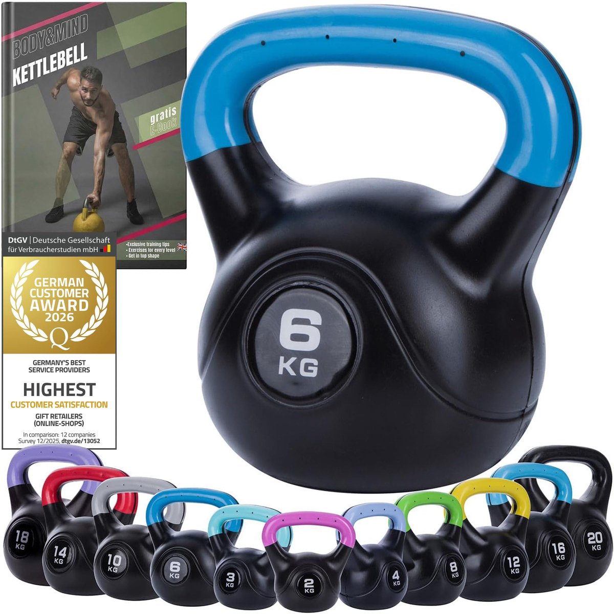 SnelShoppen - Kettlebell 2–20 kg - Kunststof Coating, Kleurgecodeerd, Ideaal voor Thuis Workout, Fitness, Krachttraining en Cardiotraining