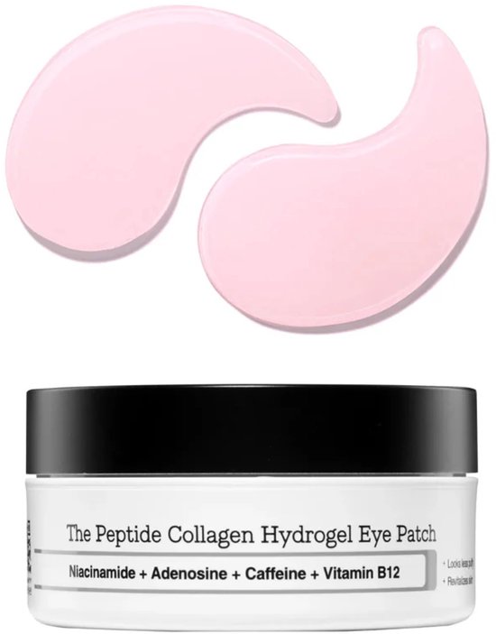 Roze hydrogel oogpads in potje, met "The Peptide Collagen Hydrogel Eye Patch" opschrift.