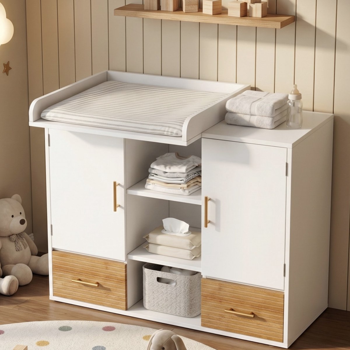 STILVORA Kast – Luiercommode Met Afneembaar Opzetrek – 114 x 53 x 92 cm – MDF – Naturel en Wit – Met Lades en Planken Voor Babykamer