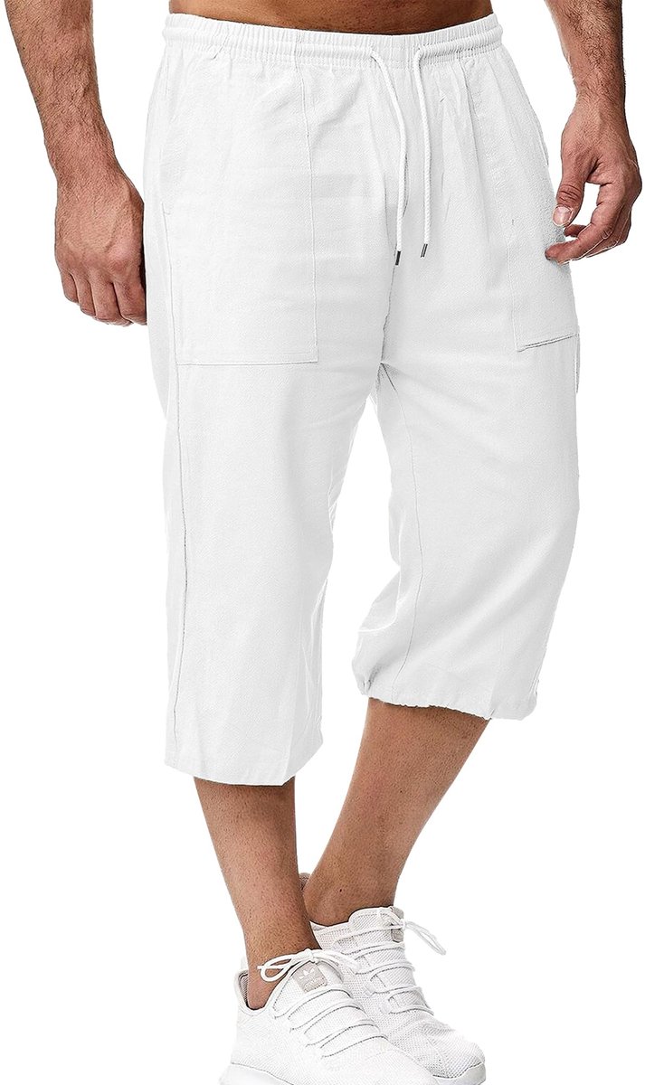 SnelShoppen - LVCBL Linnen Shorts Heren 3/4 Lengte Zomerbroek Casual Jogger Strand Yoga Sweatpants Wit 3XL