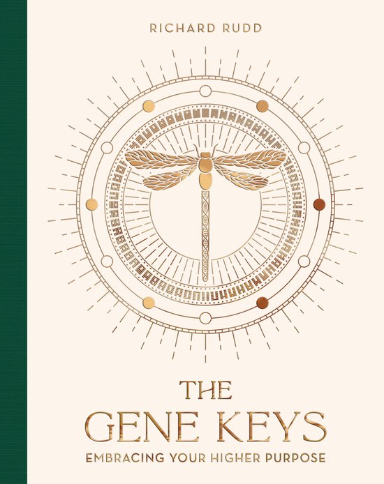 Boek "The Gene Keys" met goudkleurige libel en DNA-helix in een cirkelvormig design.