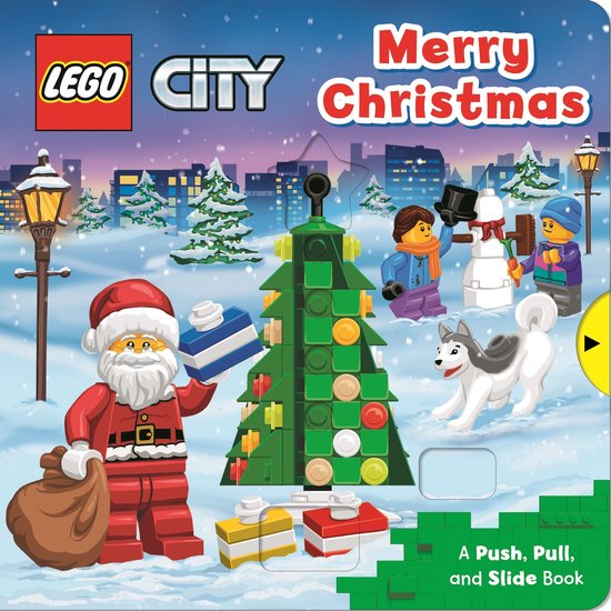 Livre LEGO City Joyeux Noël avec Père Noël, bonhomme de neige, husky et sapin de Noël. Avec le texte 'A Push, Pull, and Slide Book'.