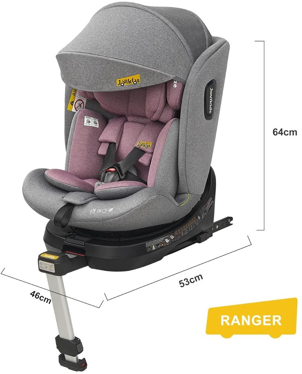 Autostoeltje Draaibaar – 40-150 cm – ISOFIX en i-Size R129 – Stof en Polypropyleen – Roze en Grijs – Reboarder met Ligstand en Afneembare Kap