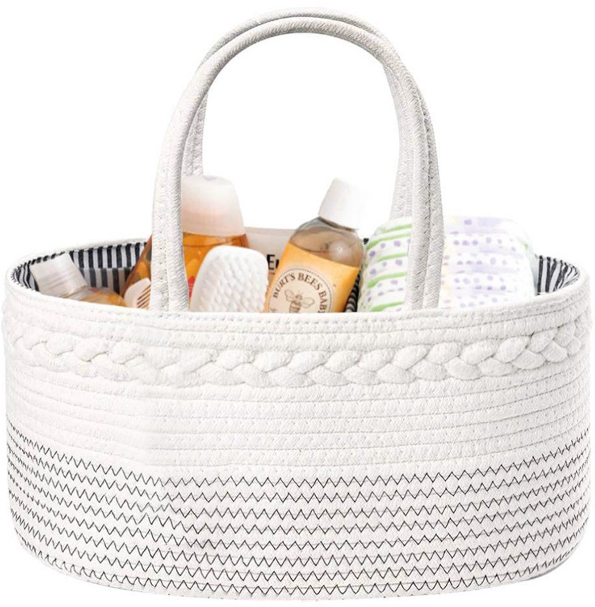 Wit gevlochten katoen baby luier opbergmand 38×25×17cm met handvatten, draagbare opbergkorf voor luiers en babyverzorgingsspullen