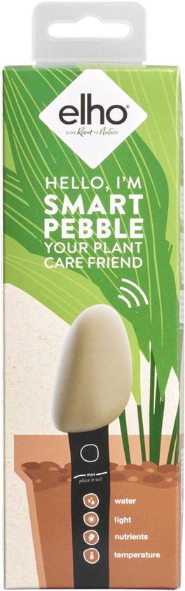 Elho Smart Pebble plantenmeter in verpakking, met beige bovenkant en zwarte steel met indicatoren voor water, licht en voeding.