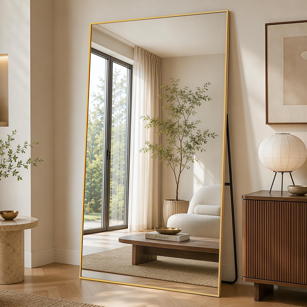 SnelShoppen - Antok Rechthoekige Staande Spiegel 205 x 104 cm met Aluminiumlegering Frame, Onbreekbaar Glas, Vloerspiegel voor Woonkamer en Kleedkamer