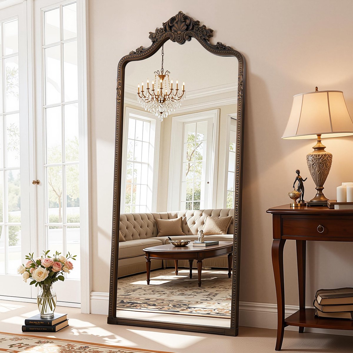 SnelShoppen - Antok Vintage Full-Body Spiegel voor Woonkamer, Kleding, 175 x 71 cm, Bronzen Afwerking voor Elegant Interieur