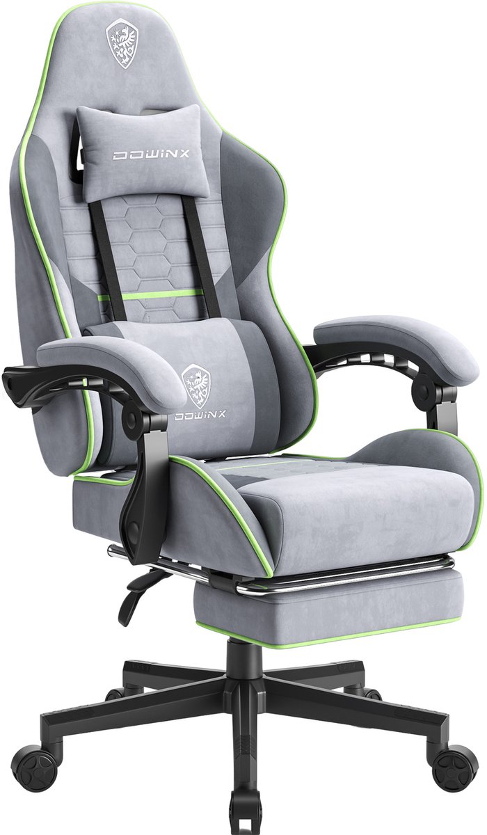 Dowinx Gaming stoel - Ergonomische bureaustoel met voetensteun - Verstelbare gamer stoel met lendenkussen en hoofdsteun - Kunstleer - 90-135° verstelbaar - grijsgroen