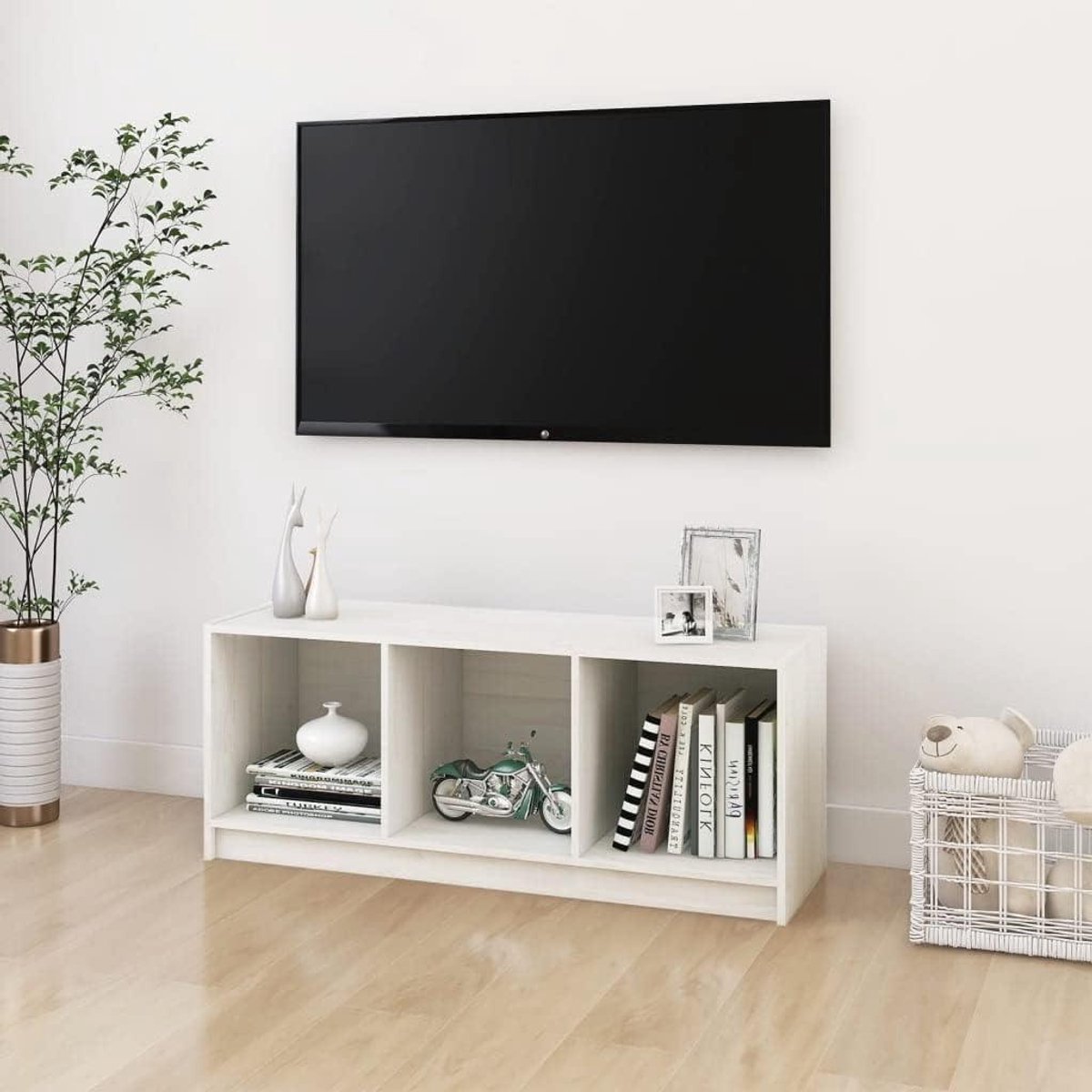 Tv-meubel - Mediabox Kast - Opbergen Media - Massief Grenenhout - 104x33x41 cm - Wit